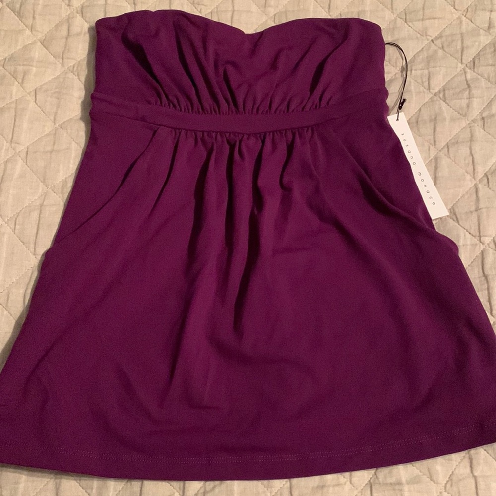Susana Monaco purple strapless top with pockets, S, original tag attached